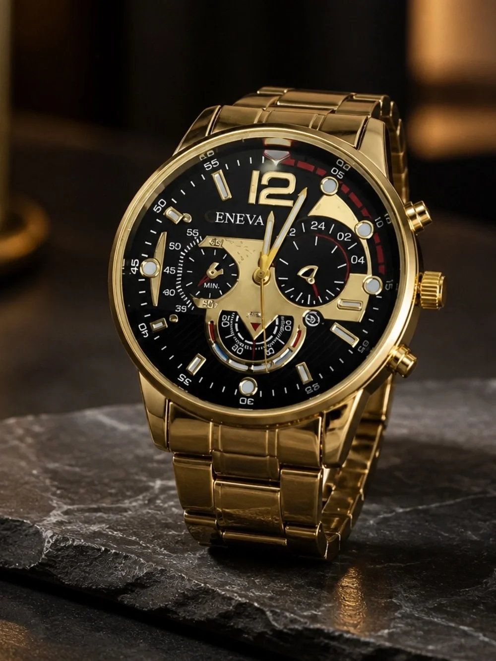Geneva Men’s Gold Luxury Wrist Watch Round Dial 3 Time Zone Quartz NWT